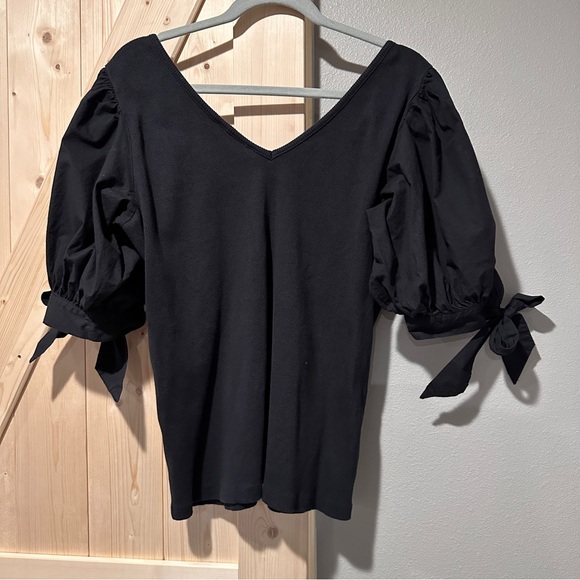 Maeve Anthropologie Blouse Women’s XL Black Puff Sleeved Ribbed Tie Short Sleeve - Picture 4 of 10